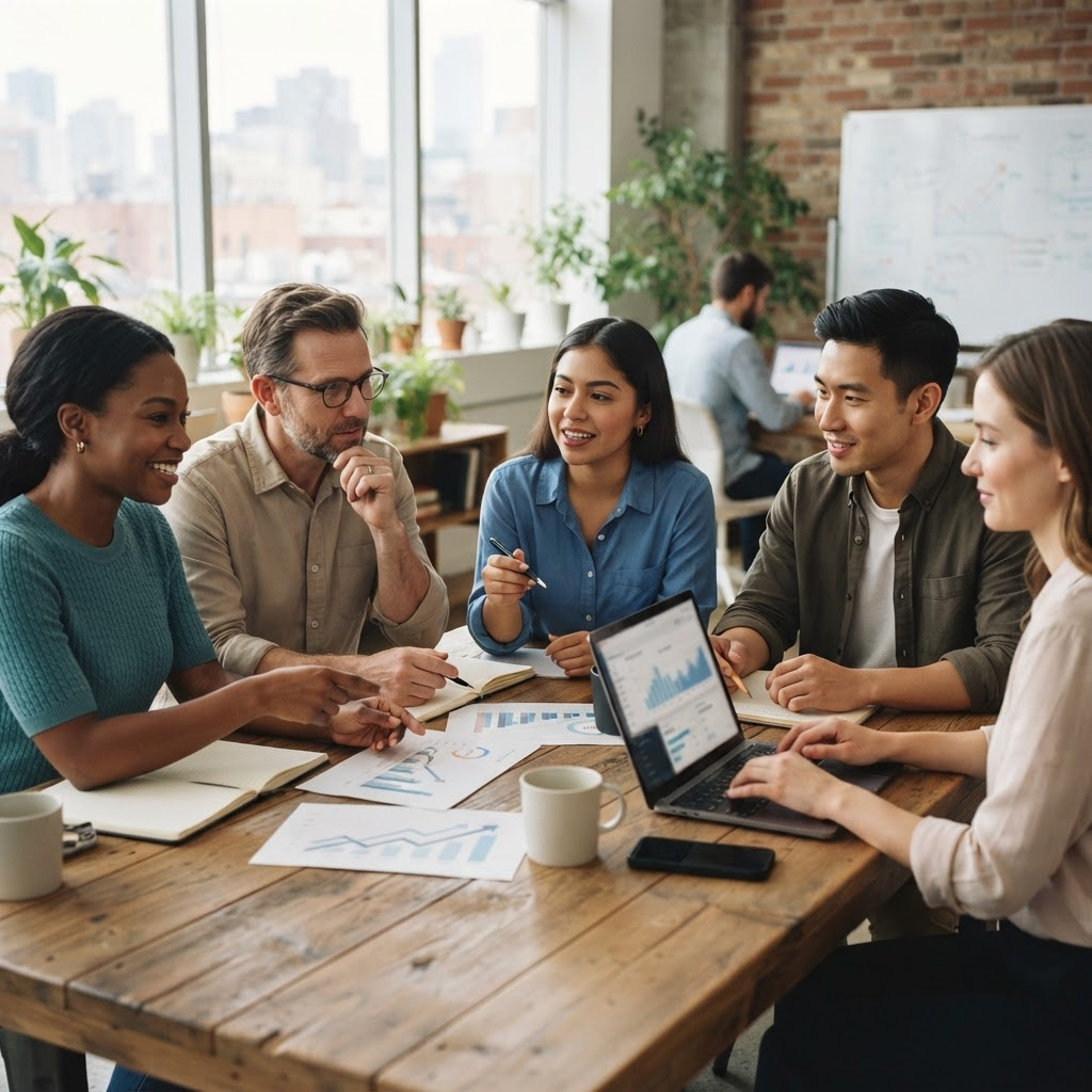 Marketing team collaborating on website growth
