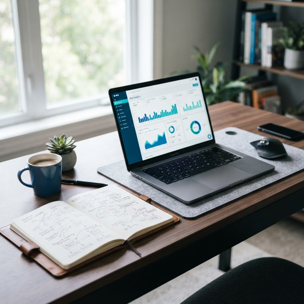 Laptop and notes showing an SEO strategy